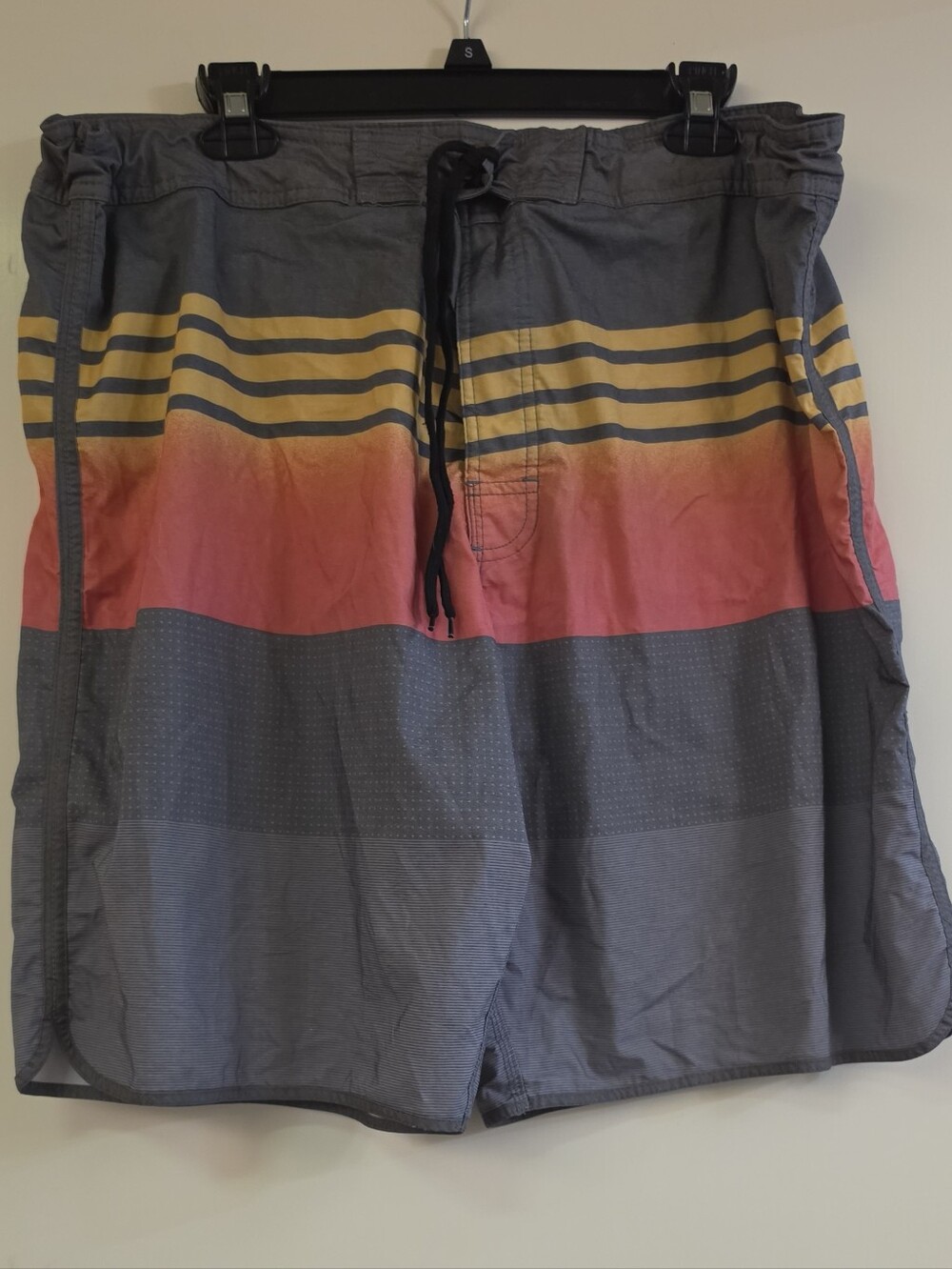 O'Rageous Men's Striped Gradient Swim Shorts — Coral, Yellow & Gray